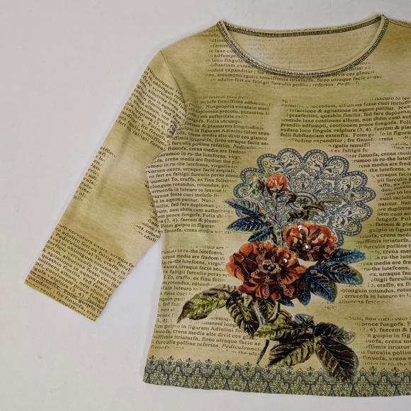 Y2K 3/4 Sleeve Beaded Top Graphic Letters Print Western Beading Flowers Floral - Picture 7 of 7